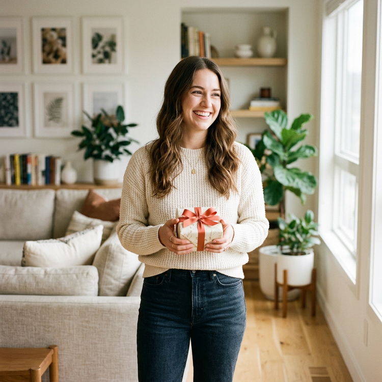 Smiling woman holding a gift